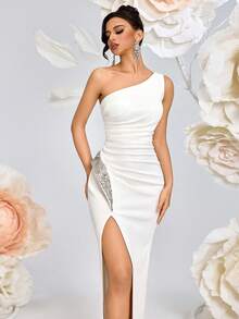 Elisanya One-Shoulder Long Prom Dress High Waist Pleated Studded Slit Backbow Banquet Party Formal Dress Wedding Guest Evening Events Dress - White - View 6