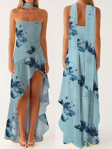 Women Cute Floral Print Cami Tank Midi Ruffle Dress With Scarf Y2k Asymmetrical Mesh Backless Flowy Long Dresses - 藍色 - 查看 1