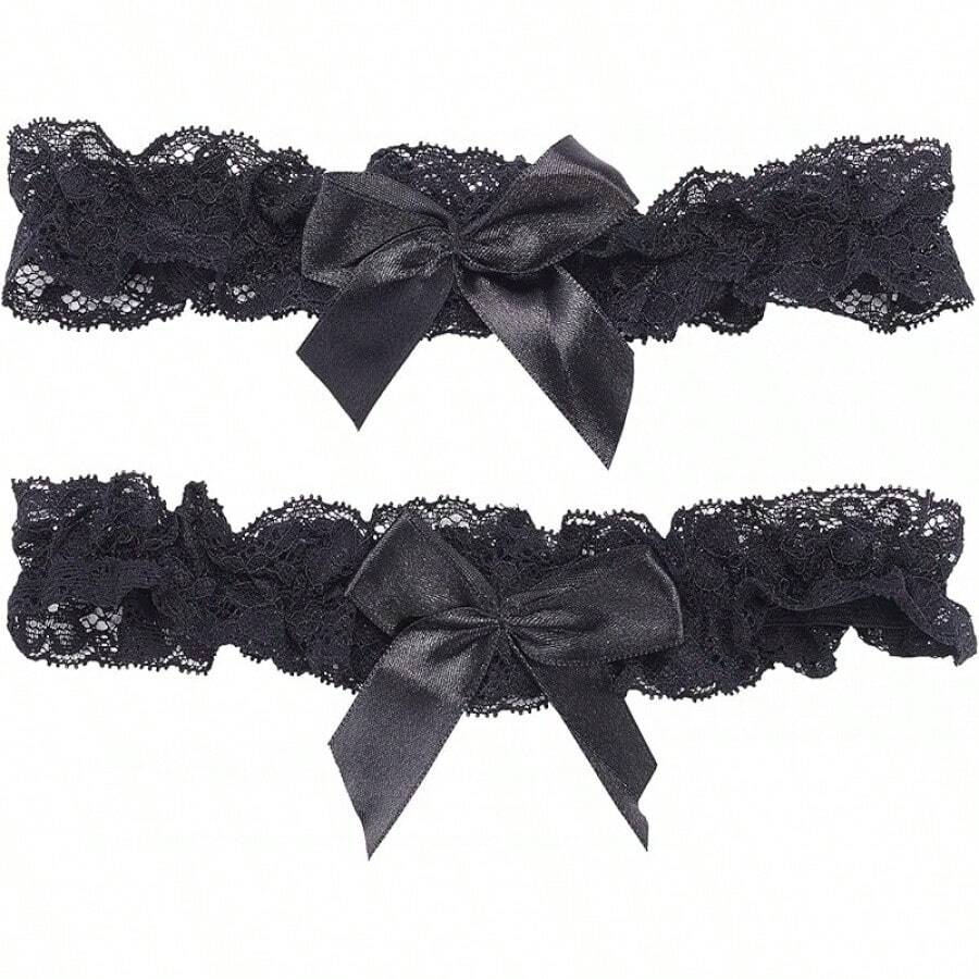 2 piezas de liga de encaje para boda de novia sexy con moño, liga de pierna elástica con lazo negro para fiesta, baile de graduación, cumpleaños - Negro - Ver 1