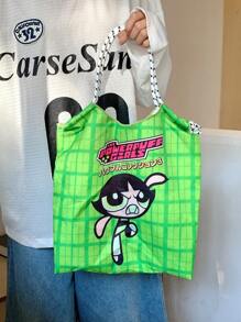 THE POWERPUFF GIRLS Japanese Style Versatile Cartoon Canvas Bag, Tote Bag For Women With Large Capacity, Shoulder Bag, Embroidered Beach Bag, Nylon Shopper Bag