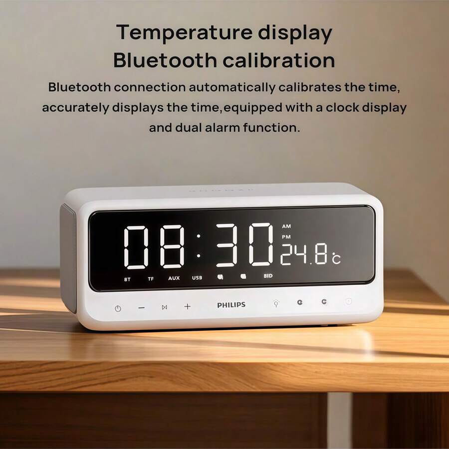PHILIPS 智能夜灯LED时钟蓝牙音箱 | 超长待机大电池立体声双扬声器软触控闹钟，月光白