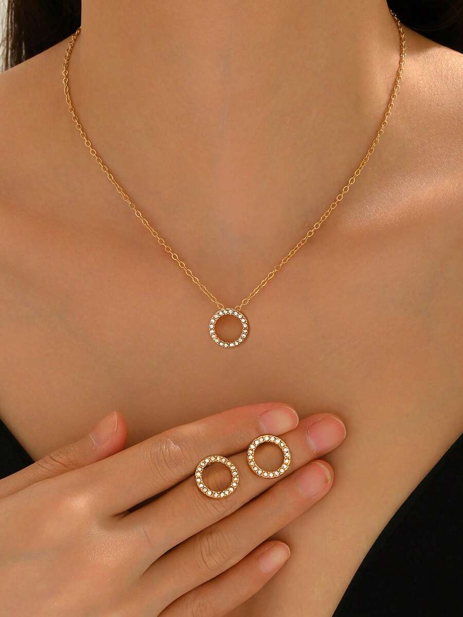 1入組迷人優雅鑽石吊墜項鍊帶1對圓形耳環女式珠寶套裝，母親節/教師節禮物