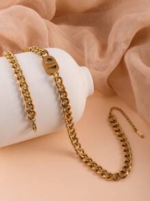 Gold Cuban Chain Geometric Charm Necklace & Bracelet Set, Hip-Hop Thick Chain Jewelry Set, Suitable Gift For Mom, Wife, Friends, Students