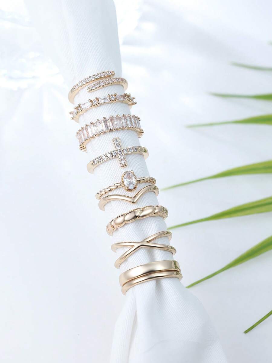 10 piezas Juego de anillos delicados y redondos de circonita cúbica, anillos cruzados, anillos con extremo abierto, anillos irregulares, obsequios de joyas preciosas para regalos cotidianos para mujeres
