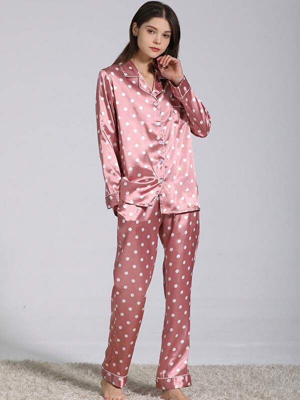 2 piezas Conjunto de pijama de mujer con estampado de lunares, Top de manga larga y pantalón largo, otoño/invierno