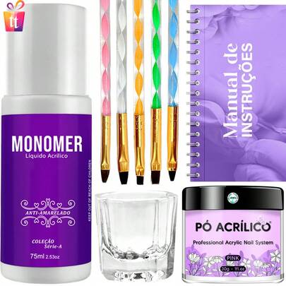 Kit Manicure Monomer Acrylicliquid + Pó Acrílico + 05 Pinceis + Copo Dappen
