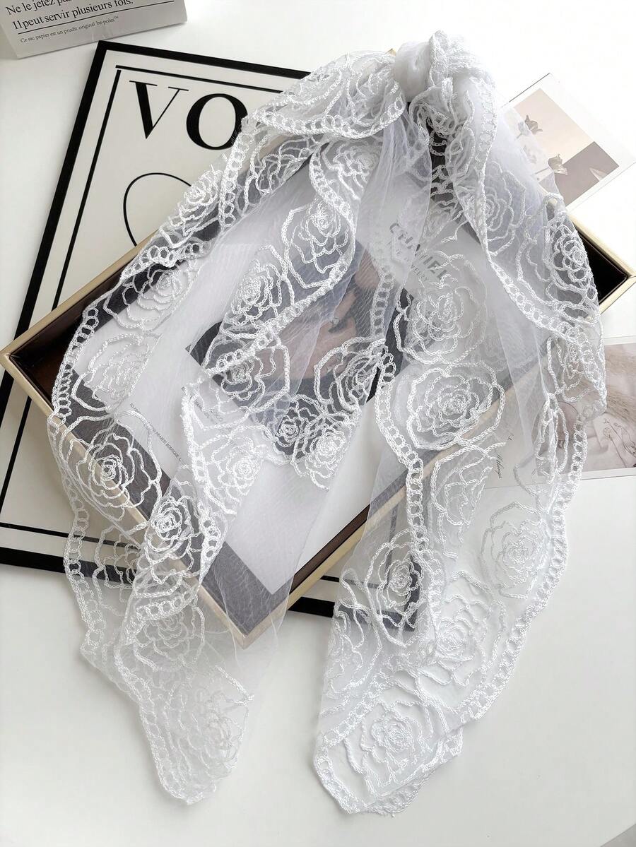 1pc Women's High Quality Floral Embroidery 80 Square Scarf/Shawl, Suitable For Everyday Wear - White - View 1