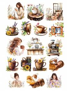 17/18 pezzi di adesivi colorati ad acquerello e pastello con cuori, ragazze floreali di primavera e motivi caffè, adesivi vintage con lettere scritte a mano per fai-da-te, scrapbooking, planner, taccuino, computer, articoli di cartoleria vintage, forniture scolastiche, ritorno a scuola