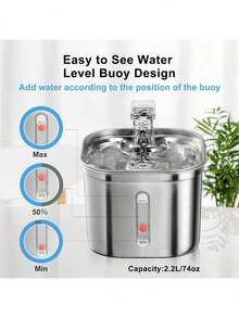 1个不锈钢自动宠物饮水器，2200毫升容量，带可视水位窗口，超静音USB充电猫咪饮水碗 - 多色 - 查看 5