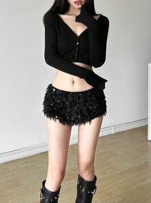 Short de lentejuelas de cintura baja sexy y ajustado de unicolor, moda callejera
