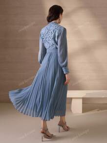 Elegant & Luxurious Water-Soluble Lace Patchwork Flowing Chiffon Dress For Women, With Frilly Stand Collar, Long Sleeves, Ruched Hemline, Leather Belt Decor, Luxury