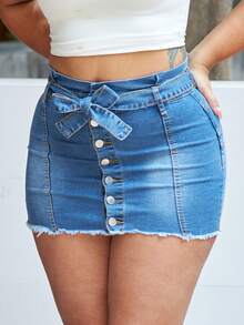Plus Size Women Ruched Waist Belted Skinny Denim Mini Skirt