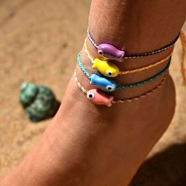 Cartoon Cute Ceramic Fish Bracelets For Women Fashion Colorful Rope Handmade Braided Adjustable Bracelets Bohemian Jewelry Colorful Bohemian Ceramic Fish Anklet For Women – Adjustable Multicolored Rope Bracelet, Perfect For Summer Beach Vacations