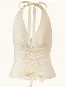 Women Y2K Sequin Lace Camisole V Neck Tie Up Halter Cami Crop Top For Summer Beach Vacation Backless Tie Up Tank Top - 白色 - 查看 3