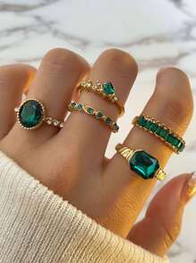 5pcs Fashion Cubic Zirconia Rings Set In Purple, Green, Black, Geometric Shapes, Suitable As Gifts For Girlfriend, Birthday, Anniversary, Holiday, Wedding, Date Party, Daily Wear