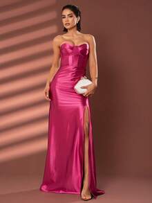LONG WEDDING PARTY DRESS FOR BRIDESMAID FASHIONISTA STRAPLES WITH SLIT - Hot Pink - View 1