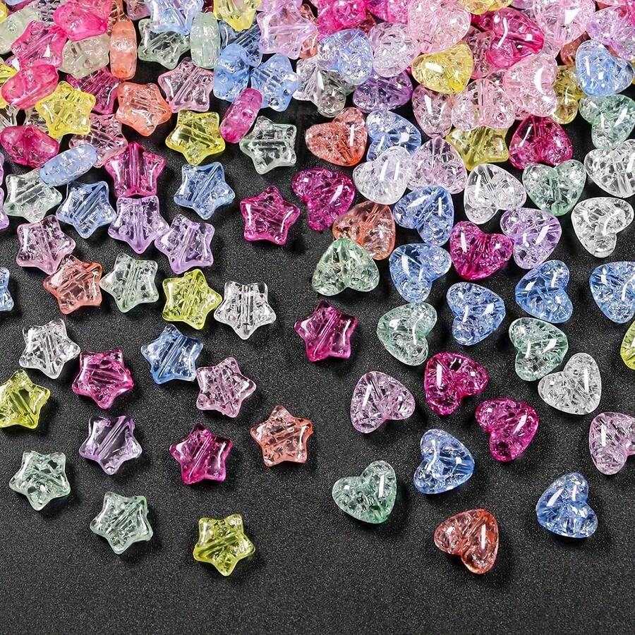 80pcs 10mm Crackle Heart & Star Shaped Beads For DIY Jewelry Making, Necklace, Earrings, Keychain, Phone Charm Accessories - Multicolor - View 1