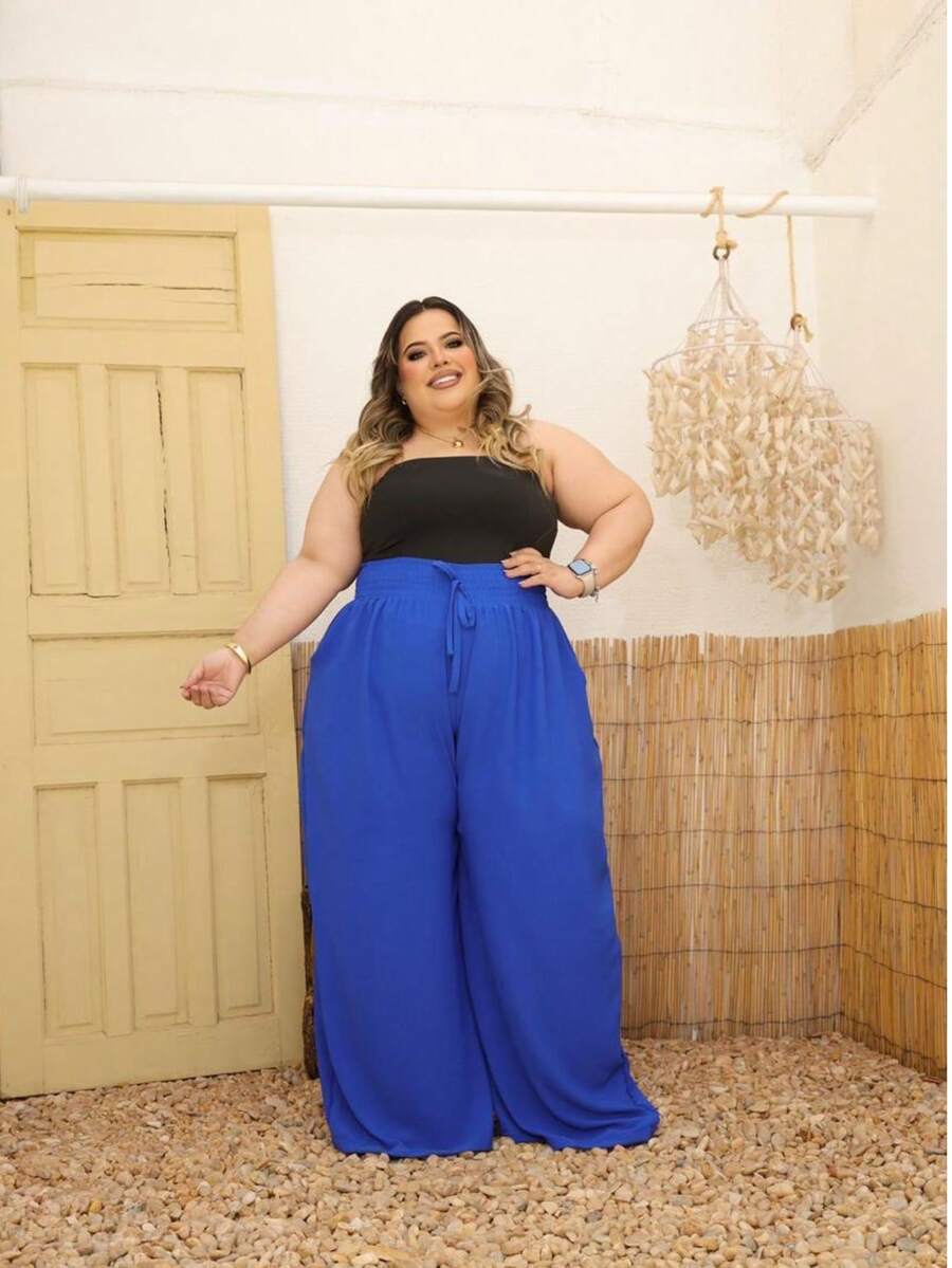Women's PLUS SIZE Wide Leg Pants With Firm And Structured Waistband, Very Fluid, Fits Up To Size 60 - 寶藍色 - 查看 1