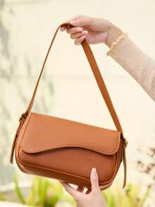 Women's Elegant Shoulder Baguette Bag With Adjustable Strap - Camel - View 2