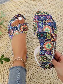 Black Elegant Women's Casual Slippers, Fashion Bohemian Style Beach Sandals, Flat Non-Slip Durable Comfortable