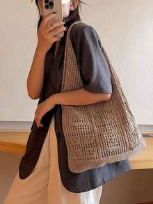 镂空撞色钩针编织手提包，度假风格 - 米色 - 查看 6