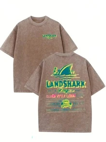 230g Double-Sided Washed, Blue Shark Beer Printed T-Shirt, High-Quality Wax Printed Cotton Retro Fashion Brand T-Shirt, Men's T-Shirt, Beach Essential, Summer T-Shirt, Holiday Gift, Perfect Gift