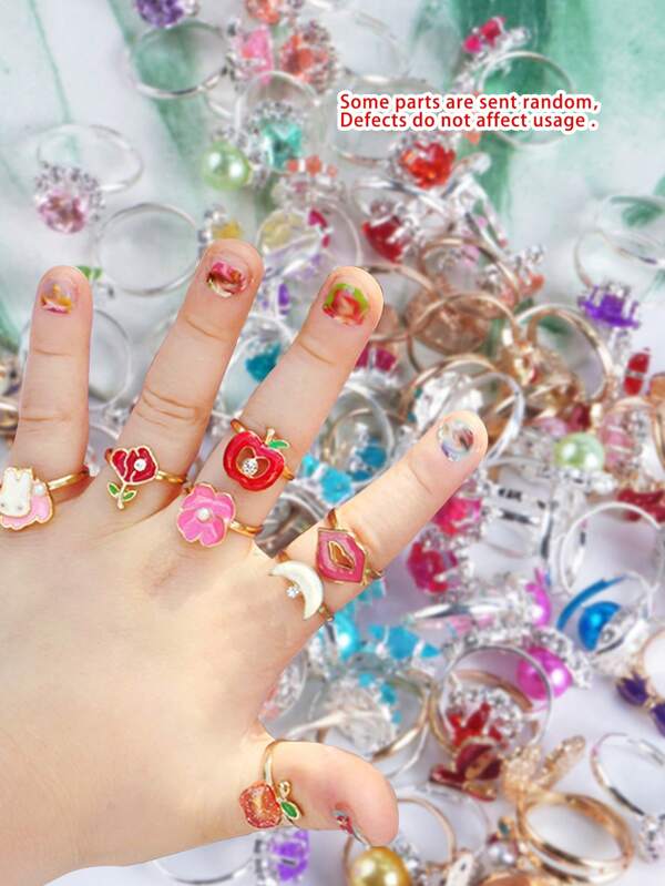 6pcs/9pcs Faux Pearl Crystal Gemstone Jewelry Set With Heart Designs (Assorted Colors & Patterns), Children's Pretend Jewelry Rings, Animal Crown Diamond Pearl Rings, Girls' Birthday/Holiday Gift, Fragile During Shipping