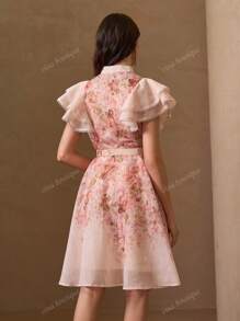 Elegant Romantic Floral Printed Half-Button Decorative Belt Vacation Style Dress For Women