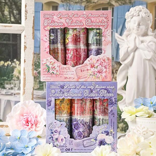[6 Rolls/Box] Transparent PET Tape Set Box, DIY Journal Sticker, Vintage Floral Bouquet Sticker, Creative Handmade Sticker Set, Multi-Styles, Decorative Stationery & Journaling Supplies, High-Quality Stationery Back To School