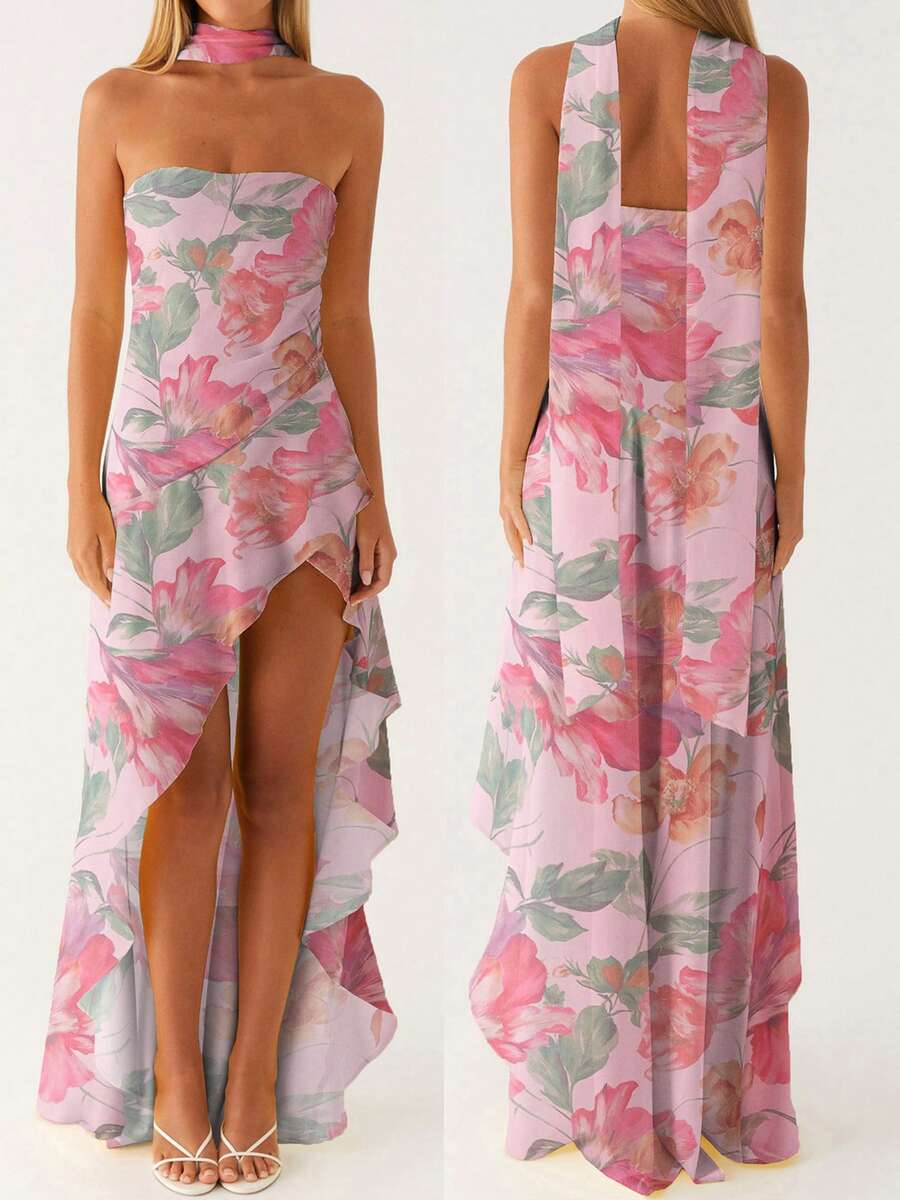 Women Cute Floral Print Cami Tank Midi Ruffle Dress With Scarf Y2k Asymmetrical Mesh Backless Flowy Long Dresses - Mauve Purple - View 1