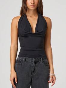 Women Y2K Floral Print/Solid Color Cowl Neck Halter Tops  Sleeveless Backless Halterneck Tops Plunge Neck Fit Slim Back Tie Up Tops Summer Teen Girls Going Out Tops Aesthetic Clothes Club Streetwear - Black - View 3