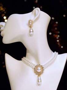 1pc Necklace And 1 Pair Earrings Elegant Vintage Oval Rhinestone Layered Faux Pearl Necklace And Earring Jewelry Set, Sophisticated Delicate Design, Suitable For Women's Daily And Festival Occasions