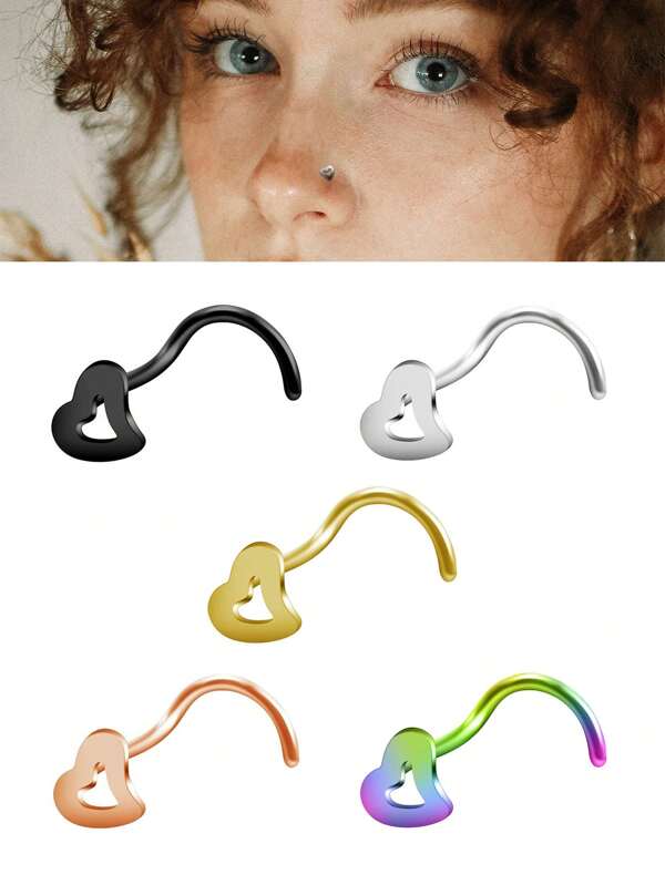 5pcs Hot-Selling New European And American Heart-Shaped Nose Studs, Stainless Steel S-Shaped Curved Nose Ring Piercing Accessories