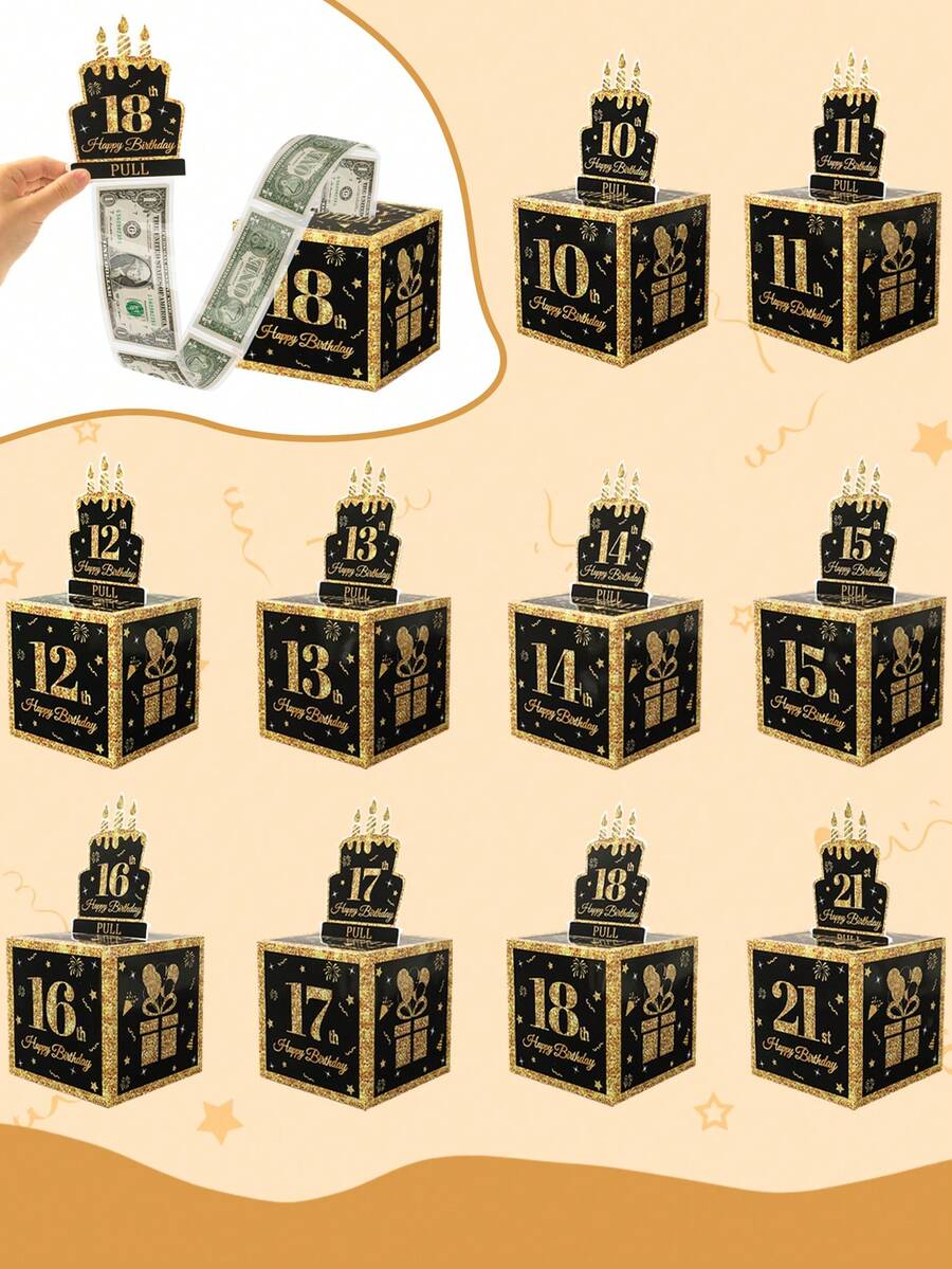 1 套生日快乐现金盒，黑金纸拉出式存钱罐，10 岁、11 岁、12 岁、13 岁、14 岁、15 岁、16 岁、17 岁、18 岁、21 岁生日快乐派对惊喜现金礼物，周年装饰现金礼品盒，节日庆祝现金装饰盒，毕业派对装饰，拉出式生日快乐卡和透明袋 - 赠送现金礼物的有趣方式，生日装饰，生日礼物，派对礼物 - 黑金色 - 查看 1