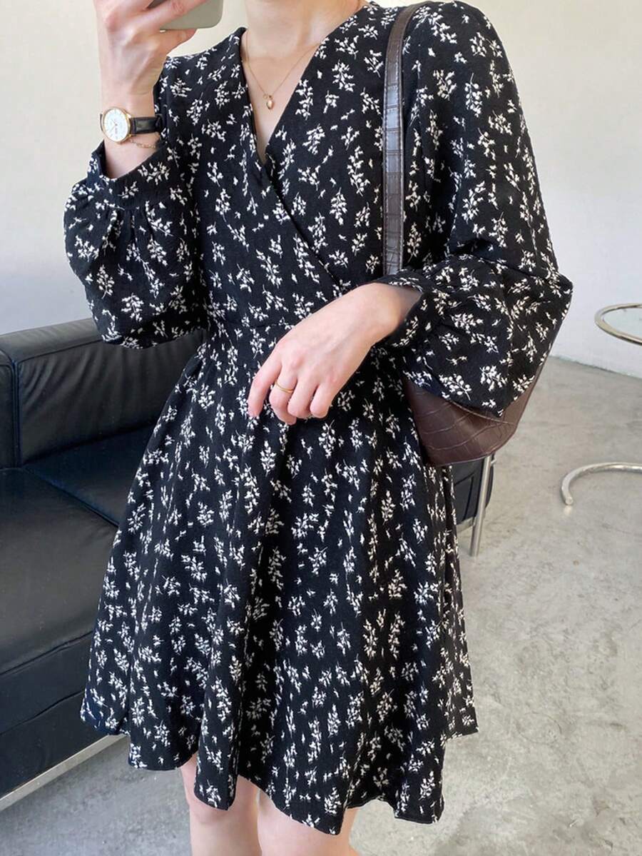 女式随机印花V领长袖连衣裙 - 黑色 - 查看 1