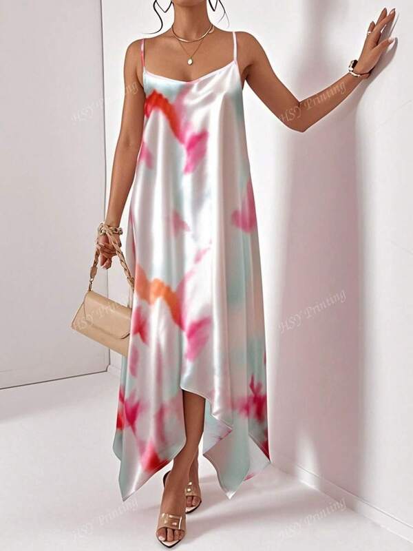 Damen Große Größen Kleid mit Blume Muster, Spaghettiträger, unregelmäßiger Saum, locker-lässig