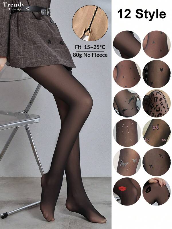 1 Stück 80g transparente Strumpfhosen für Frauen, hochdehnbare Strumpfhosen mit Herz-, Punkte-, Leoparden-, Schmetterlings-, Schleifen- oder Lippen-Muster, modische Strumpfwaren geeignet für 15-25°C Herbst/Winter, Halloween Outfit, E-Girl