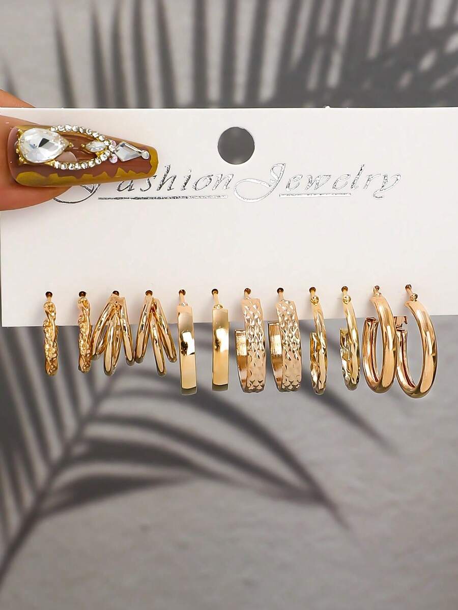 6 Pairs Minimalist Geometric Diamond Glossy Hoop Earrings Set - Gold - View 1