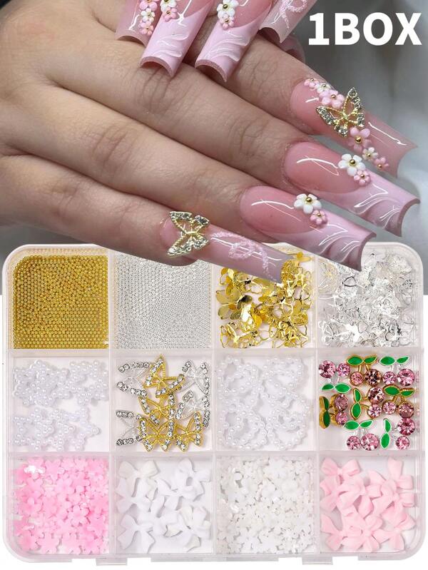 12 Compartment Box With Mixed Resin Bow Beads, Heart Pearls, Versatile Cute Mini Flower DIY Nail Art Decorations