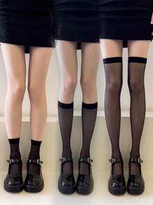 1 Pair/3 Pairs Women's Super Thin Semi-Transparent Solid Color Compression Mid-Calf Socks, Slim Leg, 3 Lengths, Versatile, Soft, Korean Style, Fresh Young Look Ins Style, Summer Daily Wear, Long Tube Socks