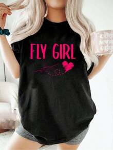 Plane Airplane Flying Pilot Aircraft Aviation Fly Girl T-Shirt Women's Casual Short Sleeve Crew Neck T-Shirts - Perfect For Holiday Season And Outdoor ActivitiesHeavy Cotton Short Sleeves Pattern T-Shirt, Interesting Print-4267HHCN TRADING LIMITED - Black - View 1