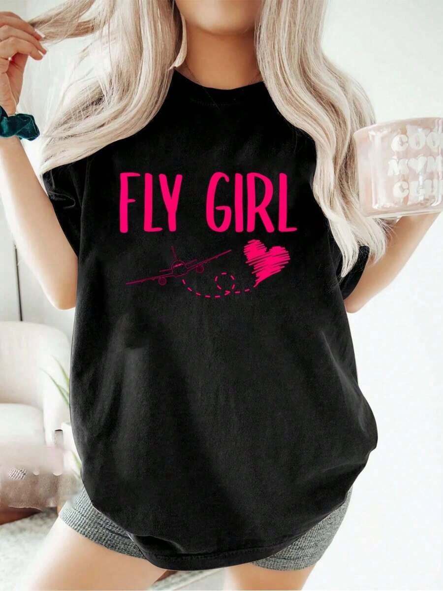 Plane Airplane Flying Pilot Aircraft Aviation Fly Girl T-Shirt Women's Casual Short Sleeve Crew Neck T-Shirts - Perfect For Holiday Season And Outdoor ActivitiesHeavy Cotton Short Sleeves Pattern T-Shirt, Interesting Print-4267HHCN TRADING LIMITED - Black - View 1