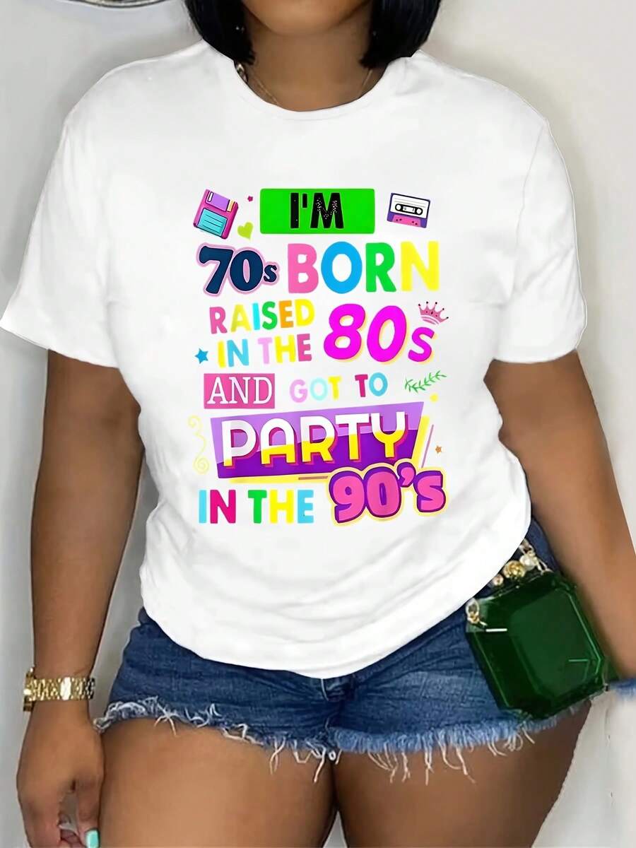 80'S Made 90'S RAISED MUSIC Print Street T-Shirt, Plus Size Women'S With Retro 80s And 90s Party Graphics, For Daily Wear At Home, Outdoor Sports - 白色 - 查看 1