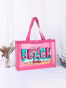 Set di borse a rete di grande capacità, borsa a rete con stampa a motivo da spiaggia, borsa a rete da spiaggia, borsa a rete per cosmetici, borsa da spiaggia impermeabile pieghevole di grande capacità, borsa da spiaggia a rete con decorazione a lettera - Rosa - Visualizzare 11