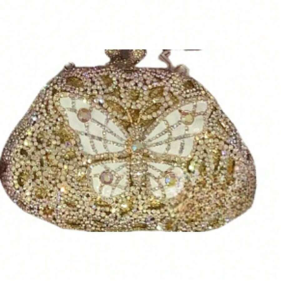 New Butterfly Handmade Diamond Evening Bag Party Rhinestones Handbag - Gold AB - View 1