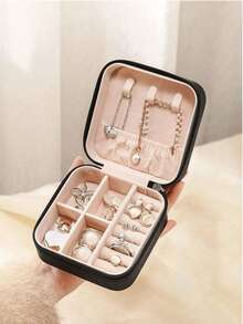 1个便携式旅行首饰收纳盒，PU皮革首饰整理盒，小型拉链首饰盒，多层耳环戒指收纳盒，化妆品收纳盒，首饰展示托盘，香水收纳盒，防水防氧化材质，保护戒指、耳环和项链，节日礼物，送她的礼物，适合教师使用 - 粉色 - 查看 16