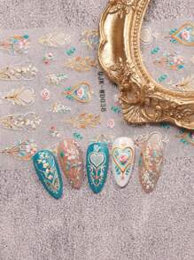 3 Pieces Of Bohemian Pattern Sunflower Relief Nail Art Stickers - Yellow, Blue, Black, And White Bohemian Fresh Hollow Patterns, Vines, Heart-Shaped Flowers, Roses, And Sunflower Art Designs, 5d Relief Technology, Suitable For Women's Disposable Self-Adhesive Back Adhesive Nail Art Stickers, Bohemian Pattern Theme Style, Easy To Stick Nail Decoration Stickers