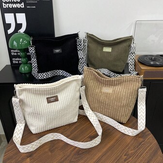 Women's Corduroy Shoulder Bag - Soft Plush Solid Color, Casual Handbag, Bohemian Wide Shoulder Belt, Lightweight Messenger Bag, Suitable For Daily, Shopping And Travel | Polyester Lining, Zipper Opening And Closing, Adjustable Shoulder Belt