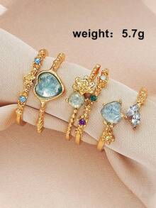 3 件 Y2K 花卉水晶女孩戒指套装，创意礼物，优雅珠宝系列，适合日常、派对、度假 - 金色 - 查看 2