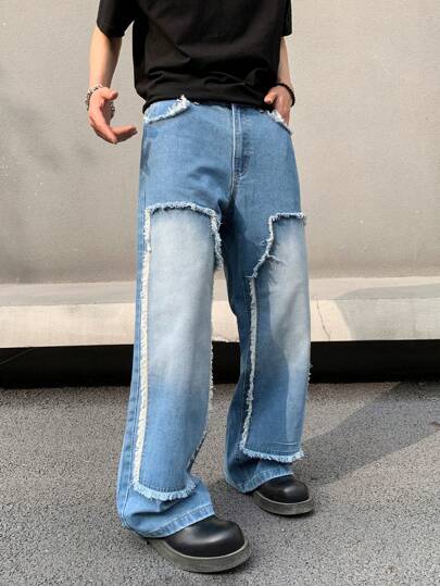 Straight Leg Casual Frayed Hem Patchwork Design Jeans Pants